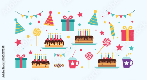 Assortment of colorful birthday party elements including chocolate cakes with candles, gift boxes, party hats, lollipops, and festive bunting banners.