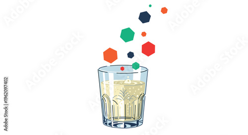 Illustration of a glass of sparkling drink with bubbles and colorful geometric shapes floating above it for modern abstract beverage and party themes.