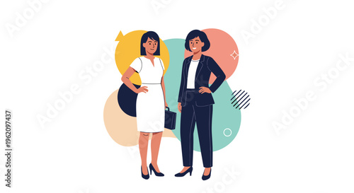 Two successful businesswomen standing together with a briefcase against abstract shapes representing female leadership, career, and professionalism.