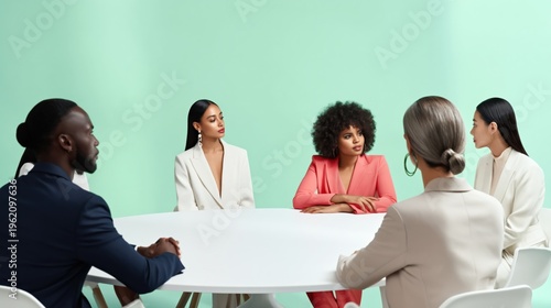 Diverse team meeting around round table in studio with pastel background
