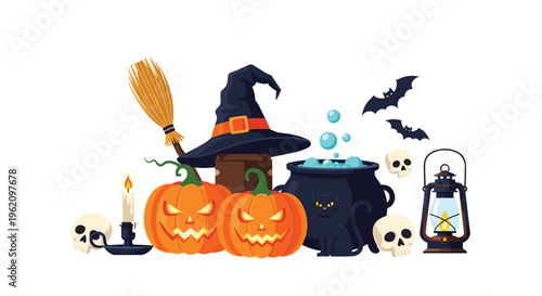 Halloween composition featuring carved pumpkins, a witch hat, a magic cauldron with a black cat, skulls, a broom, and bats on a white background.