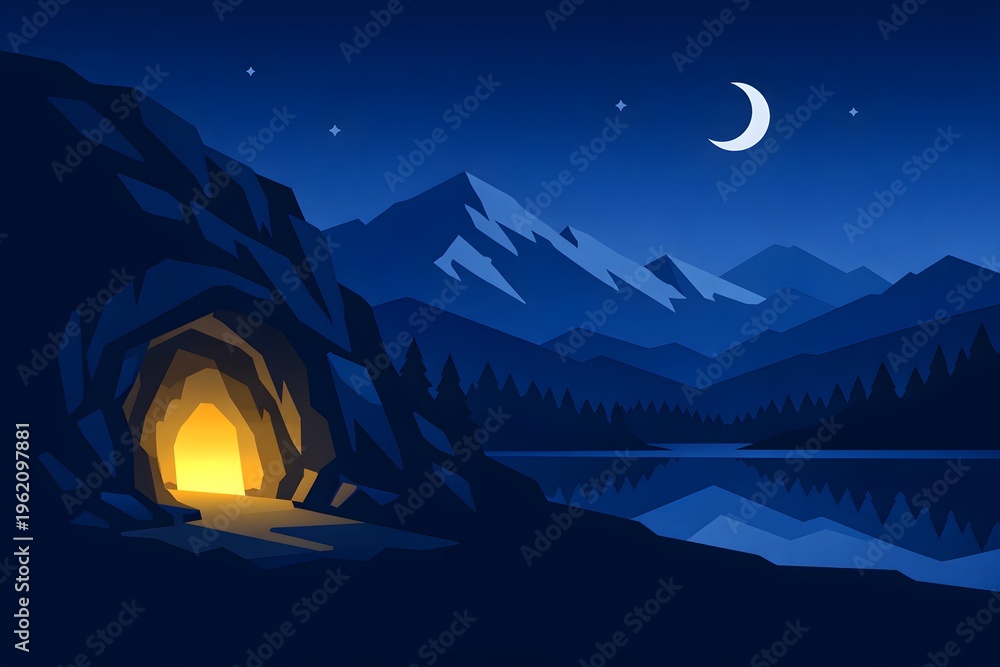 Obraz premium A serene night landscape featuring a glowing cave entrance near a peaceful lake under a crescent moon and starry sky horizon isolated on transparent background