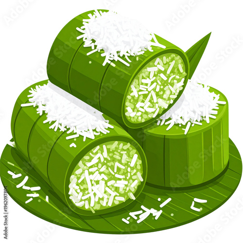 A plate of green pandan kue putu ayu topped with grated coconut, soft and fluffy with a light, sweet aroma—an iconic traditional Indonesian steamed cake