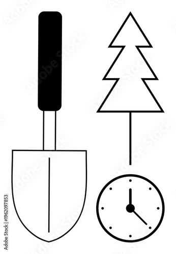 Gardening, forestry, time management, sustainability, planting, agriculture. A shovel, tree and clock visual. Gardening and forestry concepts emphasizing planting and time management