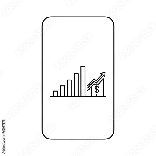 Smartphone screen showing financial growth chart, rising arrow, increasing profit and revenue concept, line art icon, business chart