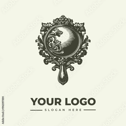 A vintage engraving style logo featuring an ornate mirror with floral patterns and a placeholder text 'YOUR LOGO' and 'SLOGAN HERE' in a classic, elegant design.