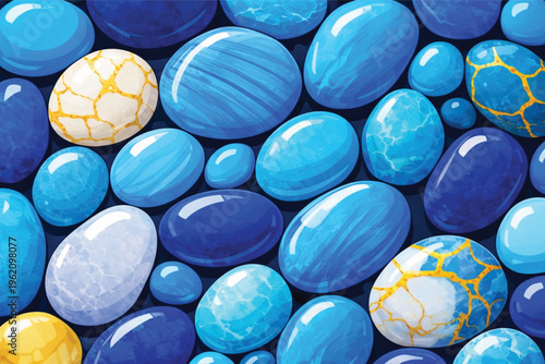 A colorful holiday collection of painted Easter eggs and glass balls in vibrant blue, yellow, green, and white shades makes a sweet spring decoration for a traditional celebration