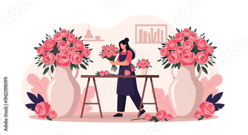 Skilled female florist in an apron arranging beautiful bouquets of pink roses at a wooden table in a flower shop for celebration and gift service.
