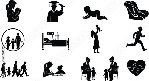 Family life stages silhouettes including mother baby child education hospital care parenting icons vector set black minimal illustration collection