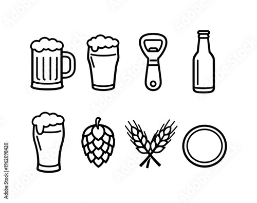 Beer drink set: beer mug, pint glass, bottle opener, beer bottle, foam glass, hop cone, barley grains, coaster