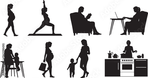 Illustrative black silhouettes capturing the diverse aspects of pregnancy, new motherhood, and family life, featuring women engaged in self-care, work, and child-rearing activities