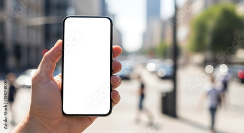 Close-up of a hand holding a modern smartphone with a blank white screen mockup against a blurred urban city street background with people and buildings.