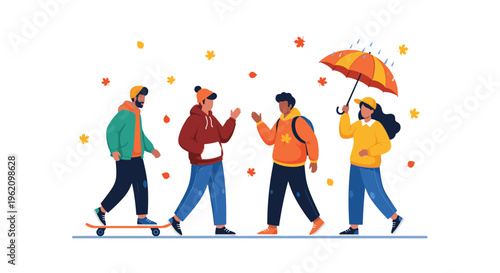 Group of friends walking through a park in autumn with falling leaves while talking and one person holding an umbrella to enjoy the fall weather.