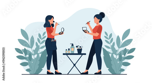 Two professional female makeup artists applying cosmetics and holding palettes surrounded by tropical leaves and tools.