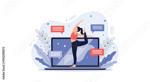 Woman practicing yoga poses while using a laptop for an online training class with speech bubbles and floral background.