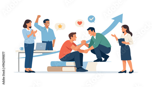 Team motivation and engagement scenario showing coworkers boosting morale and maintaining momentum through positive reinforcement and collaboration, with a character supporting