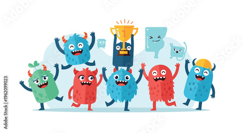 Group of cheerful colorful monsters celebrating a victory while holding up a golden trophy on a light blue background.