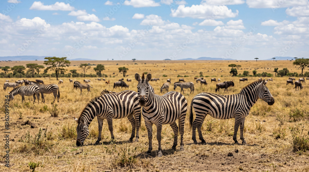 Obraz premium Africa Environment Day zebra herd in savanna grassland showing wildlife biodiversity conservation for environmental protection charity magazine cover