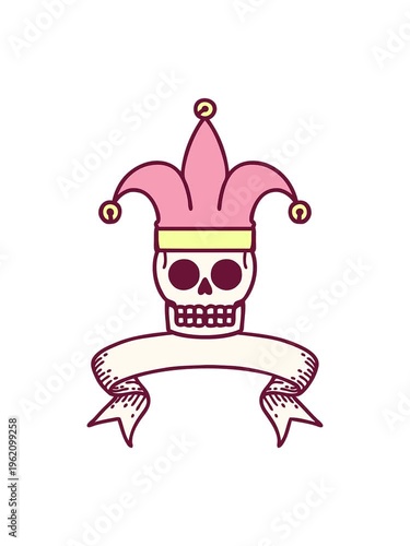 pixelize effect animation of traditional tattoo with banner of a skull jester in bright glow color