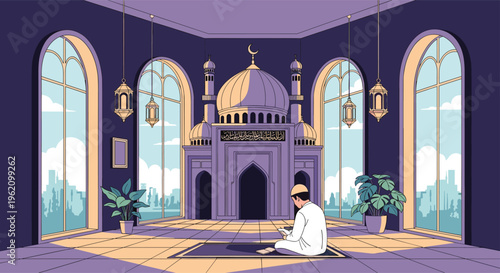 Muslim man sitting on a prayer rug inside a beautiful mosque with arches and a cityscape view through the windows.