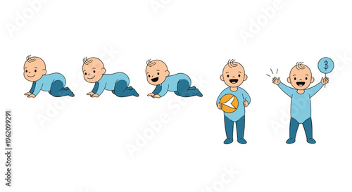 Sequence of a cute baby in blue clothing progressing from crawling to standing and playing with an orange ball.