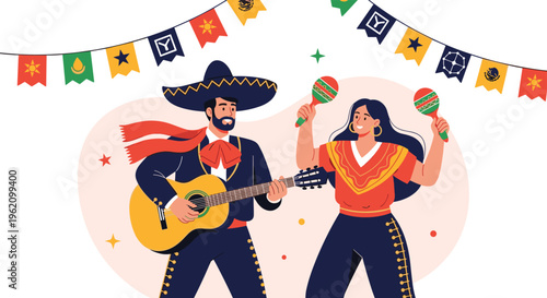 Two mexican musicians in traditional mariachi attire playing guitar and maracas at a festive celebration with banners.