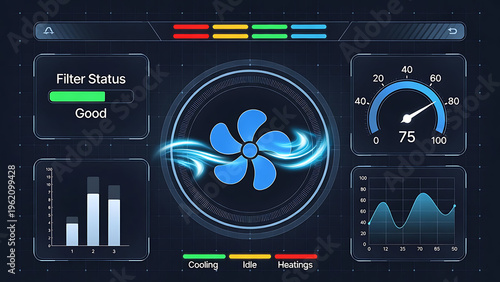 furnace, filter, air, hvac. A futuristic interface displays an air ventilation system's status with charts, a fan icon, temperature gauge, and filter condition indicator.