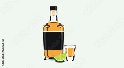 Bottle of gold tequila with a black label served with a filled shot glass and fresh lime slice on light background.