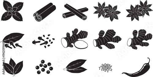 Stylized black and white vector icons of common kitchen spices and fresh herbs, showcasing a collection of aromatic ingredients like cinnamon, ginger, basil, and cloves