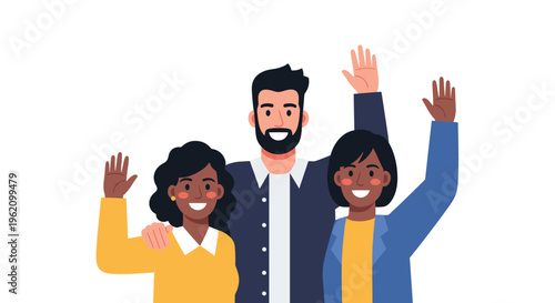 Three diverse friends standing together and waving happily towards the viewer while smiling on a clean white background.