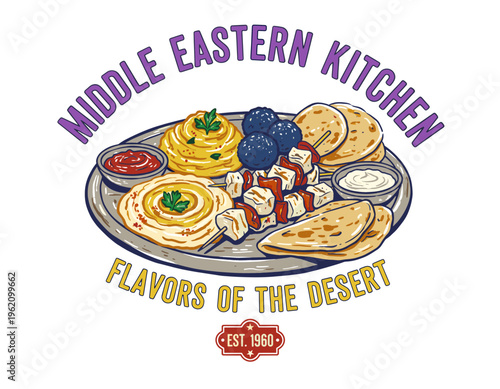 Middle Eastern food design.. Hummus falafel pita artwork.. Flavors of the desert.. Vintage kitchen logo design.. Healthy mediterranean food.