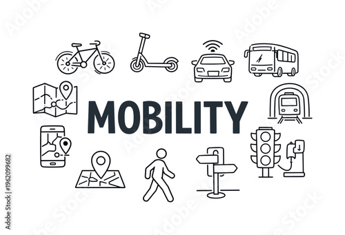Urban mobility and smart transportation concept centered on navigating cities efficiently using modern transport solutions and connected infrastructure. MOBILITY title with