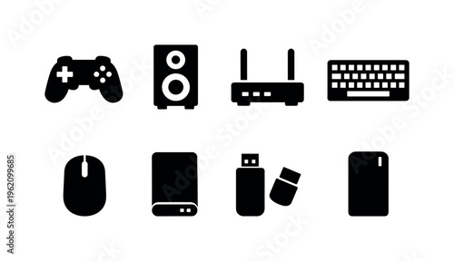 Consumer electronics and gadgets: game controller, speaker, router, keyboard, mouse, external hard drive, USB flash drive, power bank
