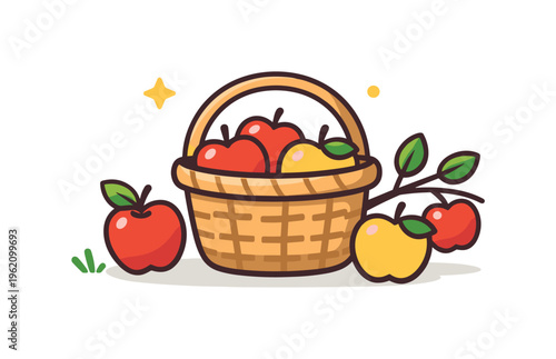 Seasonal fruit picking inspired by traditional orchard visits and cultural habits of harvesting fresh produce during peak seasons, a basket paired with apples and a small tree