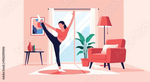 Woman practicing a challenging yoga pose in a modern sunlit living room with an armchair and large window view.
