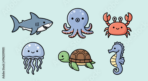 Cute cartoon sea animals collection with shark, octopus, crab, jellyfish, turtle, and seahorse.