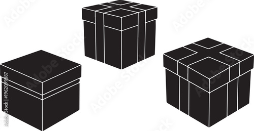 Three black gift boxes with white lines isolated background