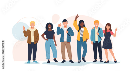 Diverse group of young students and friends standing together with different outfits and positive smiling attitudes.