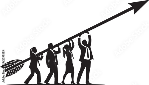 Dedicated business team collaborates to push a large arrow forward and upward, symbolizing collective effort, strategic progress, and shared success in achieving ambitious goals