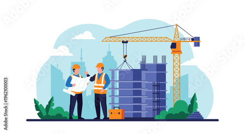 Two professional engineers wearing safety gear discussing blueprints and plans at a city construction site with a crane.