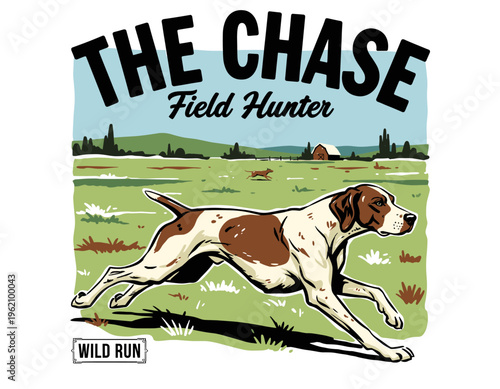 Hunting dog field run graphic design for t-shirt print, sticker, poster, outdoor apparel and wild animal adventure club artwork