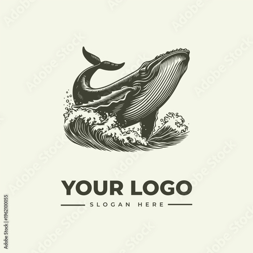 A vintage-style woodcut illustration of a whale jumping out of waves, with a logo and text 'YOUR LOGO SLOGAN HERE' on a clean background, in a classic engraving style.