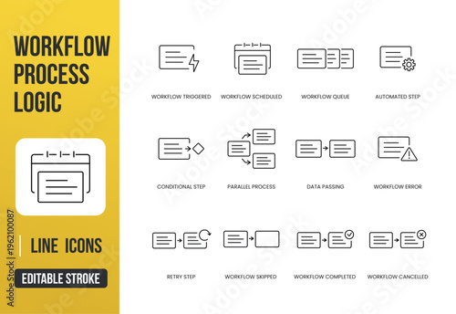 A set of workflow process logic UI icons for automation steps, conditions, and execution states in web and app interfaces, created in line style with editable stroke