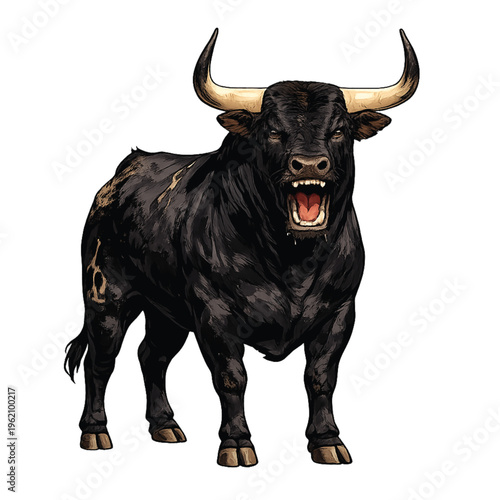 A powerful black and white longhorn bull with sharp horns stands isolated on a white background, representing a wild bovine animal from the farm or pasture