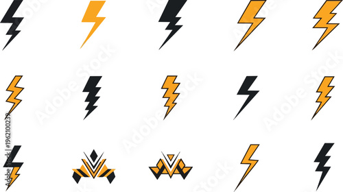 Set of lightning bolt illustrations in various styles and colors