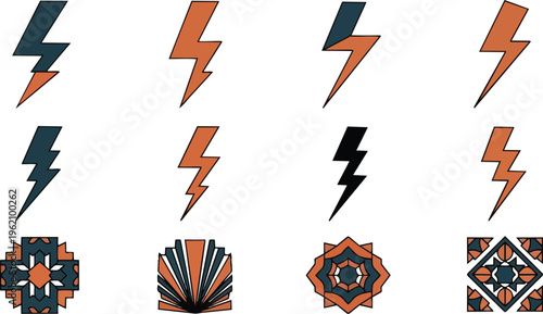 Graphic set of lightning bolt and ornamental design elements