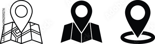 Three black and white map pin icons in different styles and designs