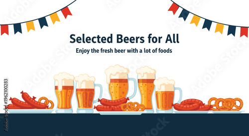 Beer festival banner featuring glasses of fresh beer with foam sausages pretzels and onion rings on a dark table.