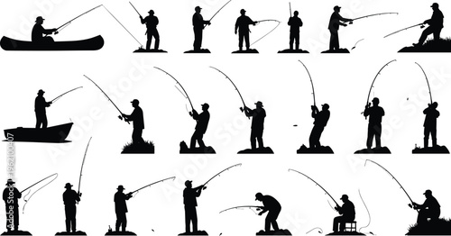 Fishing silhouettes collection anglers casting rods standing boat river lake fisherman figures isolated black vector set diverse poses outdoor activity illustration