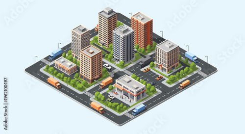 Detailed isometric city block layout with various residential buildings retail shops and trucks moving on streets.